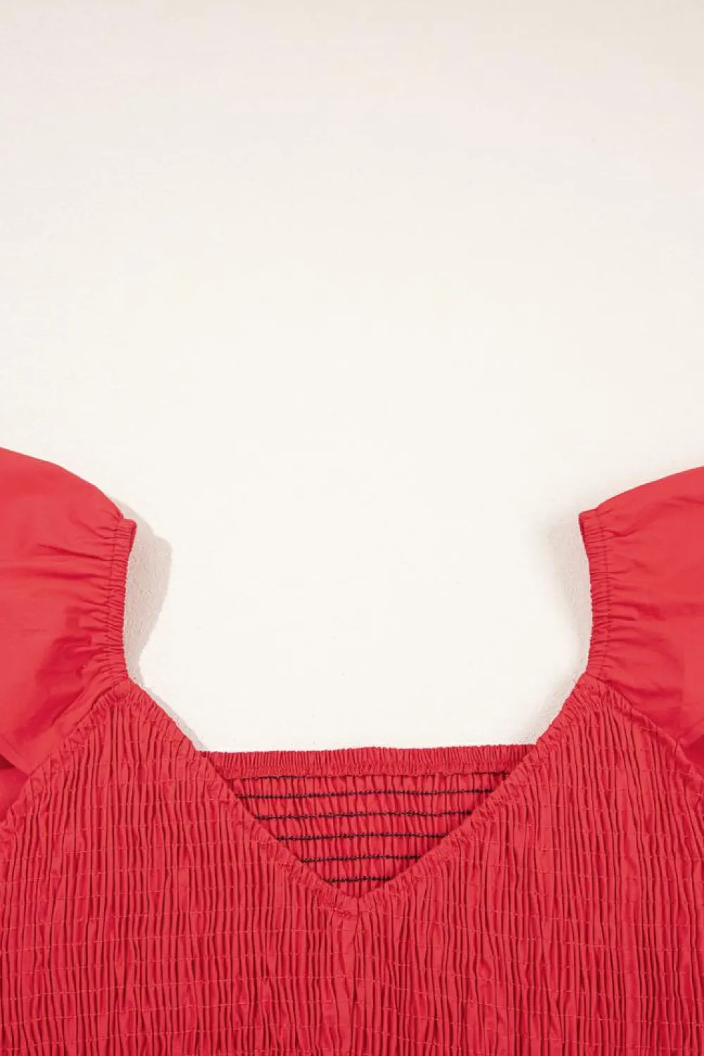 Hot Dear-Lover V Neck Flutter Sleeve Smocked Bodice High Waist Ruffle Maxi Dress Fiery Red
