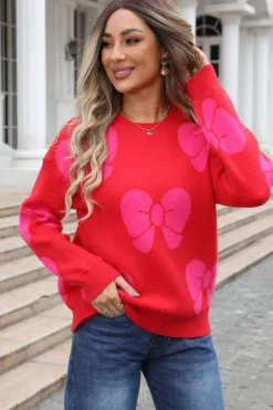 Outlet Dear-Lover Valentine Bowknot Knitted Round Neck Fashion Sweater Fiery Red