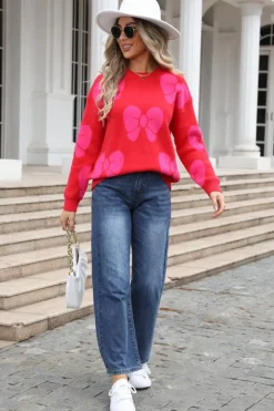 Outlet Dear-Lover Valentine Bowknot Knitted Round Neck Fashion Sweater Fiery Red