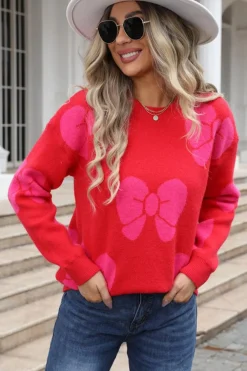 Outlet Dear-Lover Valentine Bowknot Knitted Round Neck Fashion Sweater Fiery Red