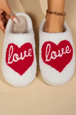 Discount Dear-Lover Valentine Love Heart Pattern Home Fuzzy Slippers Fiery Red