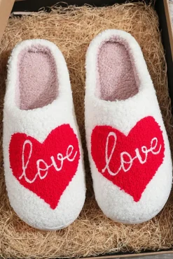 Discount Dear-Lover Valentine Love Heart Pattern Home Fuzzy Slippers Fiery Red