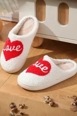 Discount Dear-Lover Valentine Love Heart Pattern Home Fuzzy Slippers Fiery Red