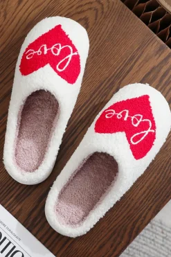 Discount Dear-Lover Valentine Love Heart Pattern Home Fuzzy Slippers Fiery Red