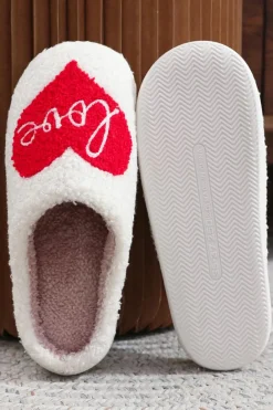 Discount Dear-Lover Valentine Love Heart Pattern Home Fuzzy Slippers Fiery Red