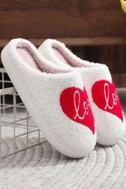 Discount Dear-Lover Valentine Love Heart Pattern Home Fuzzy Slippers Fiery Red