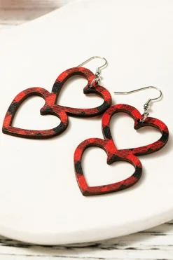 Discount Dear-Lover Valentines Day Plaid Double Love Heart Wooden Earrings Fiery Red