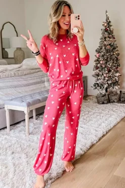 Best Dear-Lover Valentines Heart Print Pants Set Fiery Red