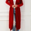 Discount Dear-Lover Velvet Open Front Pocketed Long Duster Fiery Red