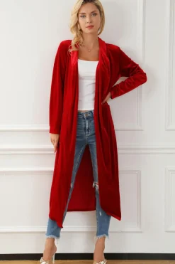 Discount Dear-Lover Velvet Open Front Pocketed Long Duster Fiery Red