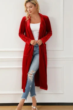Discount Dear-Lover Velvet Open Front Pocketed Long Duster Fiery Red