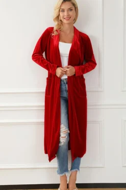 Discount Dear-Lover Velvet Open Front Pocketed Long Duster Fiery Red