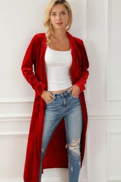 Discount Dear-Lover Velvet Open Front Pocketed Long Duster Fiery Red