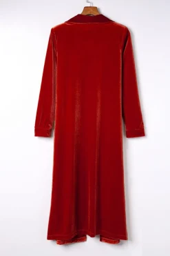 Discount Dear-Lover Velvet Open Front Pocketed Long Duster Fiery Red