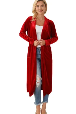 Discount Dear-Lover Velvet Open Front Pocketed Long Duster Fiery Red