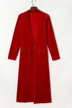 Discount Dear-Lover Velvet Open Front Pocketed Long Duster Fiery Red