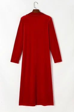 Discount Dear-Lover Velvet Open Front Pocketed Long Duster Fiery Red