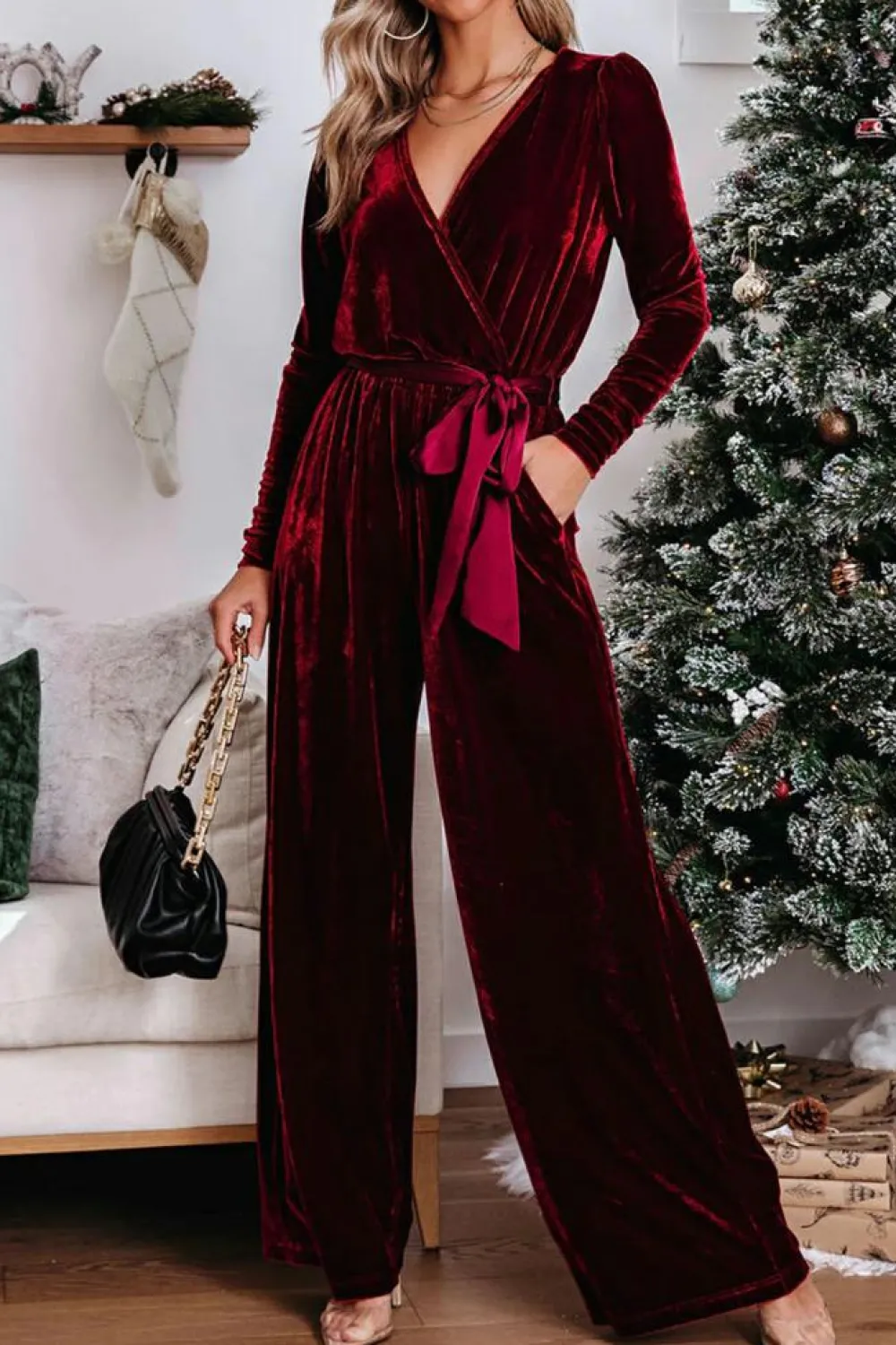 Discount Dear-Lover Velvet Pocketed Cut out Back Wide Leg Jumpsuit Fiery Red