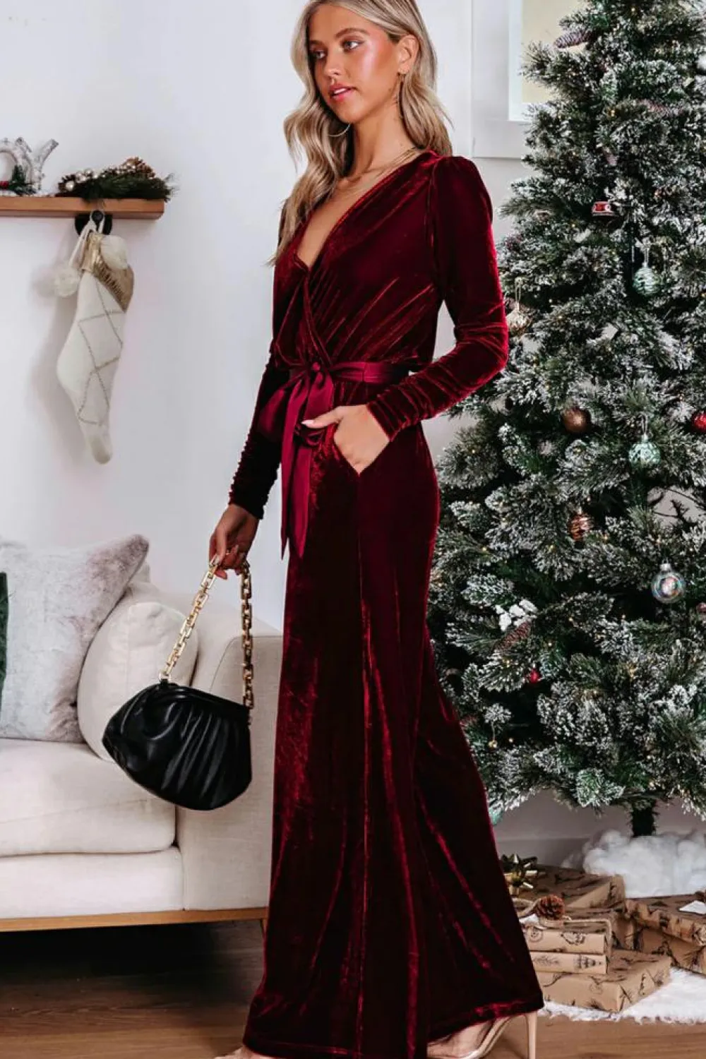 Discount Dear-Lover Velvet Pocketed Cut out Back Wide Leg Jumpsuit Fiery Red