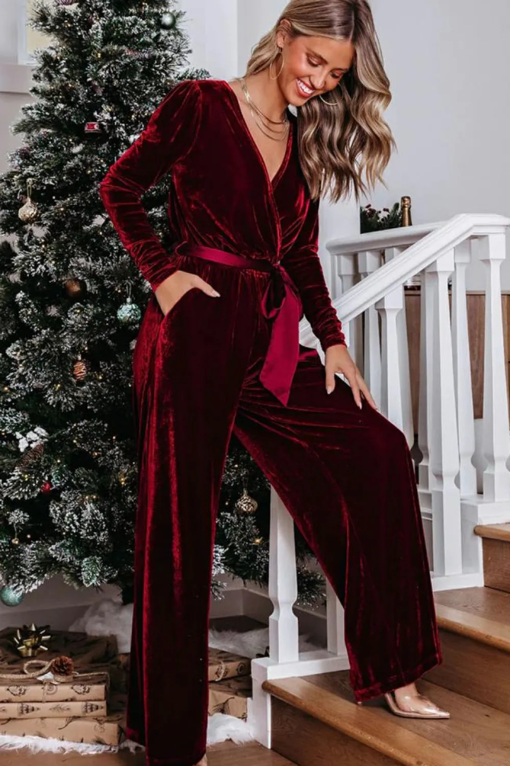 Discount Dear-Lover Velvet Pocketed Cut out Back Wide Leg Jumpsuit Fiery Red