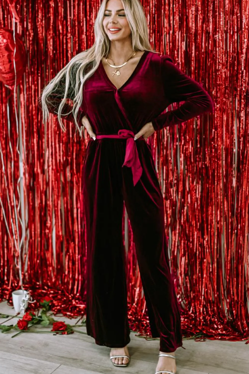 Discount Dear-Lover Velvet Pocketed Cut out Back Wide Leg Jumpsuit Fiery Red