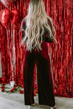 Discount Dear-Lover Velvet Pocketed Cut out Back Wide Leg Jumpsuit Fiery Red