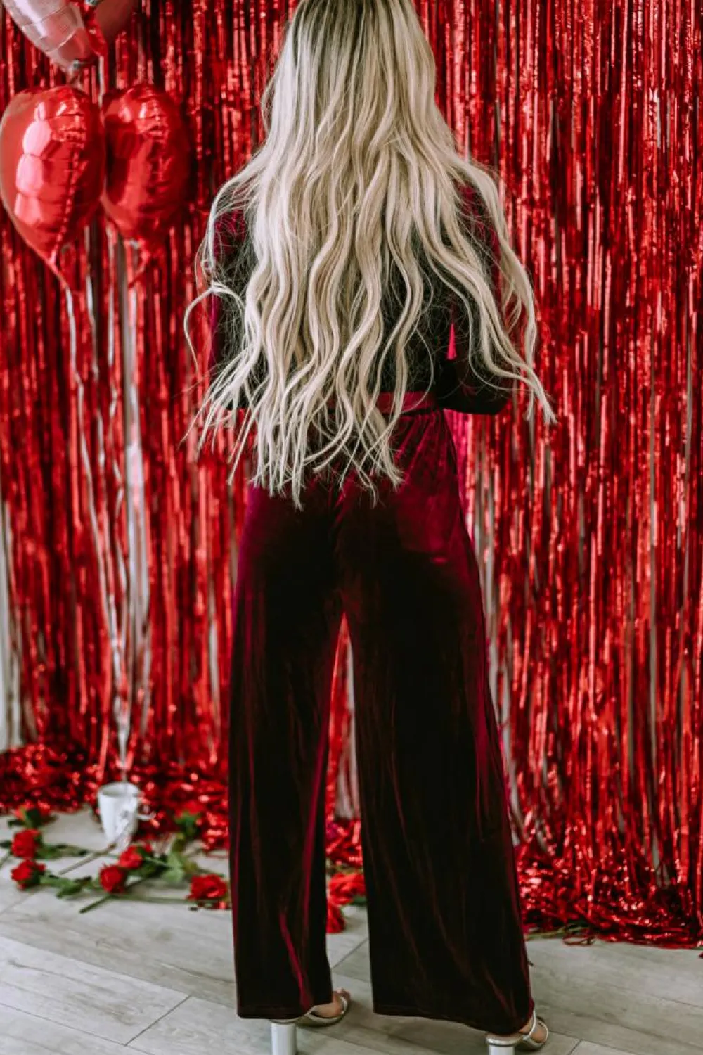 Discount Dear-Lover Velvet Pocketed Cut out Back Wide Leg Jumpsuit Fiery Red