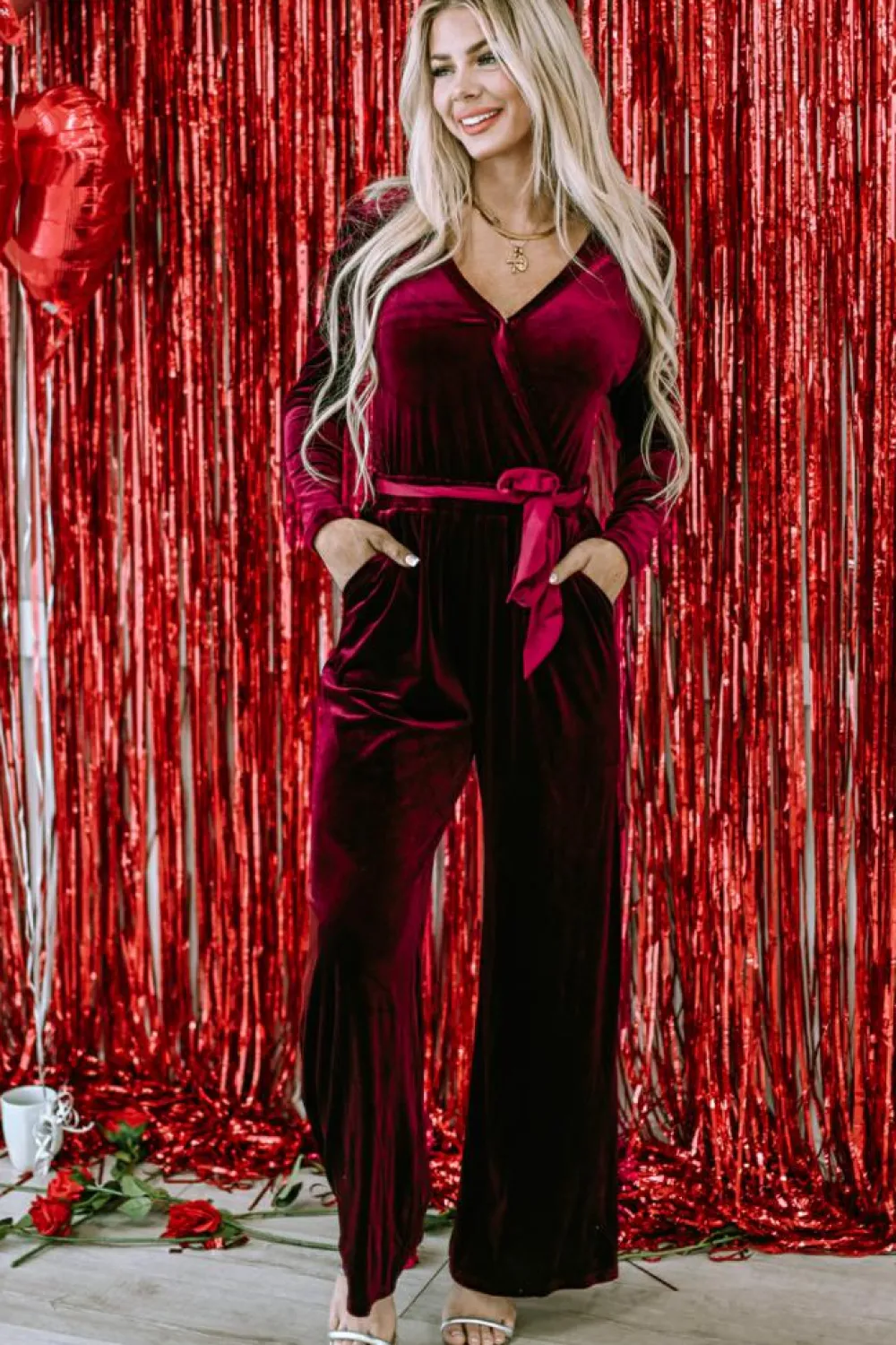 Discount Dear-Lover Velvet Pocketed Cut out Back Wide Leg Jumpsuit Fiery Red