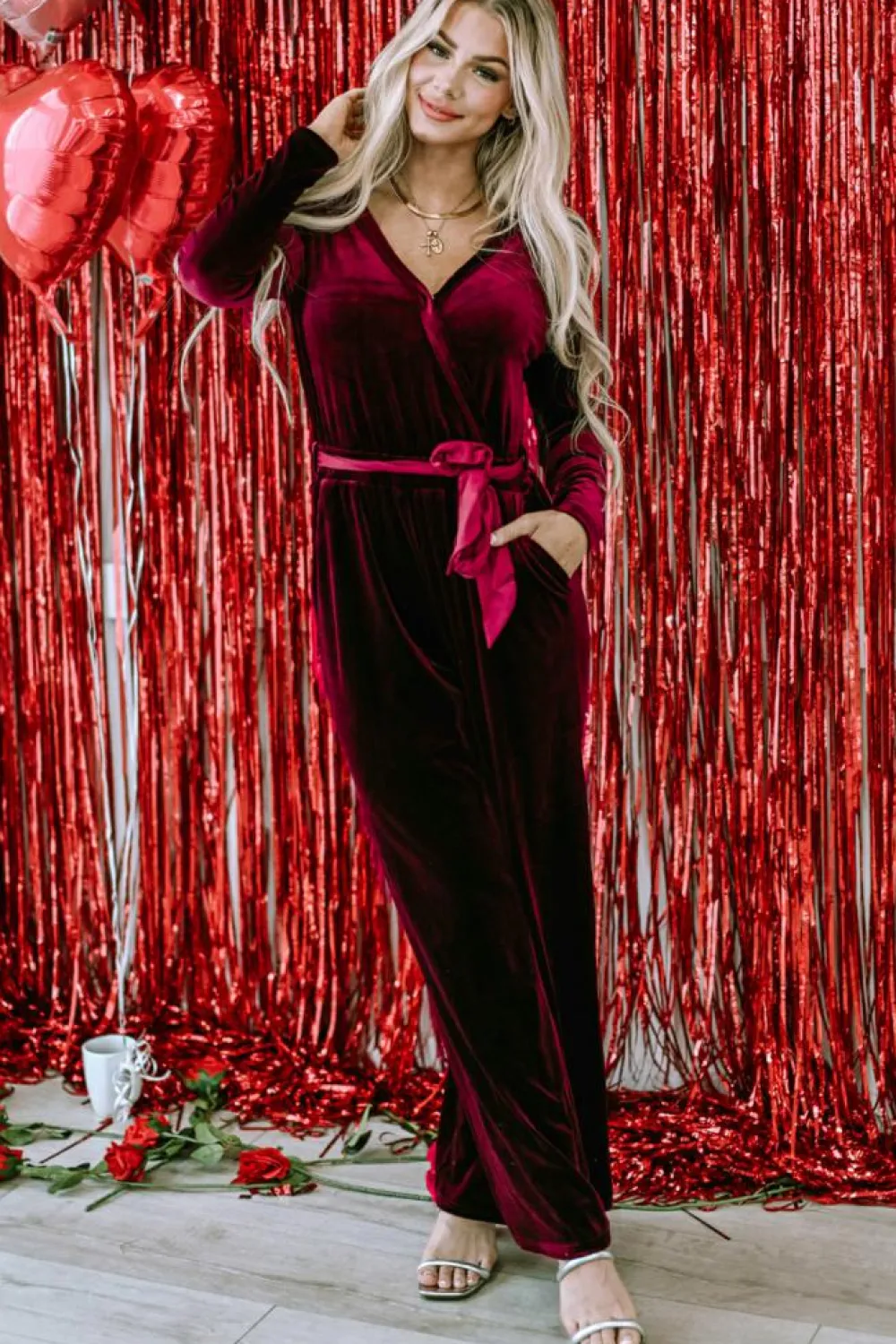 Discount Dear-Lover Velvet Pocketed Cut out Back Wide Leg Jumpsuit Fiery Red
