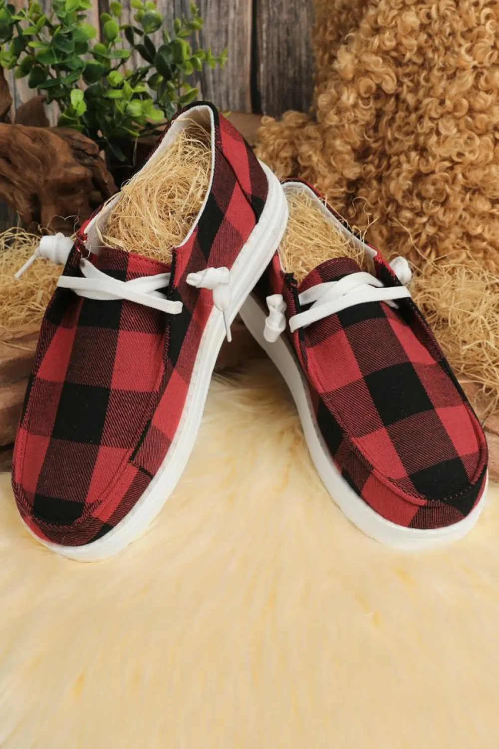 Outlet Dear-Lover Vintage Plaid Lace Up Flat Shoes Fiery Red
