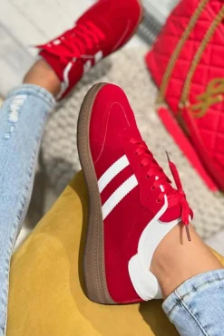 Fashion Dear-Lover Vintage Striped Patchwork Lace-up Flat Shoes Fiery Red