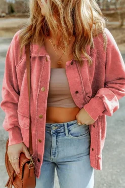 Fashion Dear-Lover Vintage Washed Flap Pocket Button Shacket Fiery Red