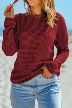 Discount Dear-Lover Waffle Knit Drop Shoulder Long Sleeve Top Fiery Red
