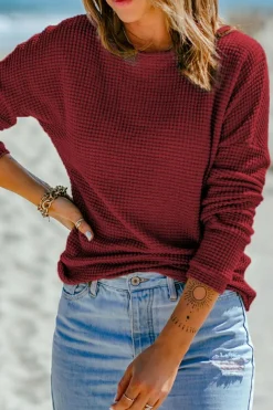 Discount Dear-Lover Waffle Knit Drop Shoulder Long Sleeve Top Fiery Red