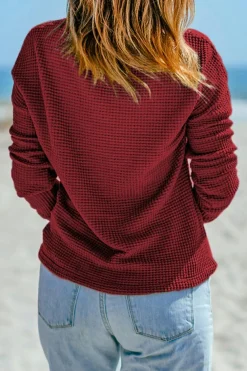 Discount Dear-Lover Waffle Knit Drop Shoulder Long Sleeve Top Fiery Red