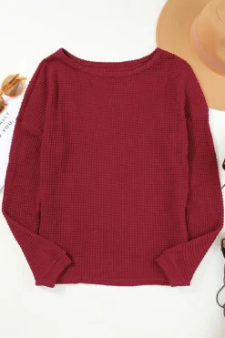 Discount Dear-Lover Waffle Knit Drop Shoulder Long Sleeve Top Fiery Red