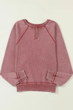 Hot Dear-Lover Waffle Knit Raglan Sleeve Henley Sweatshirt Fiery Red