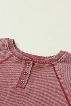 Hot Dear-Lover Waffle Knit Raglan Sleeve Henley Sweatshirt Fiery Red
