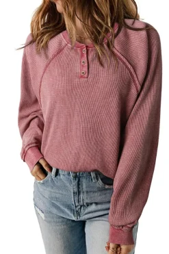 Hot Dear-Lover Waffle Knit Raglan Sleeve Henley Sweatshirt Fiery Red