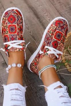Discount Dear-Lover Western Printed Lacing Flat Slip On Shoes Fiery Red