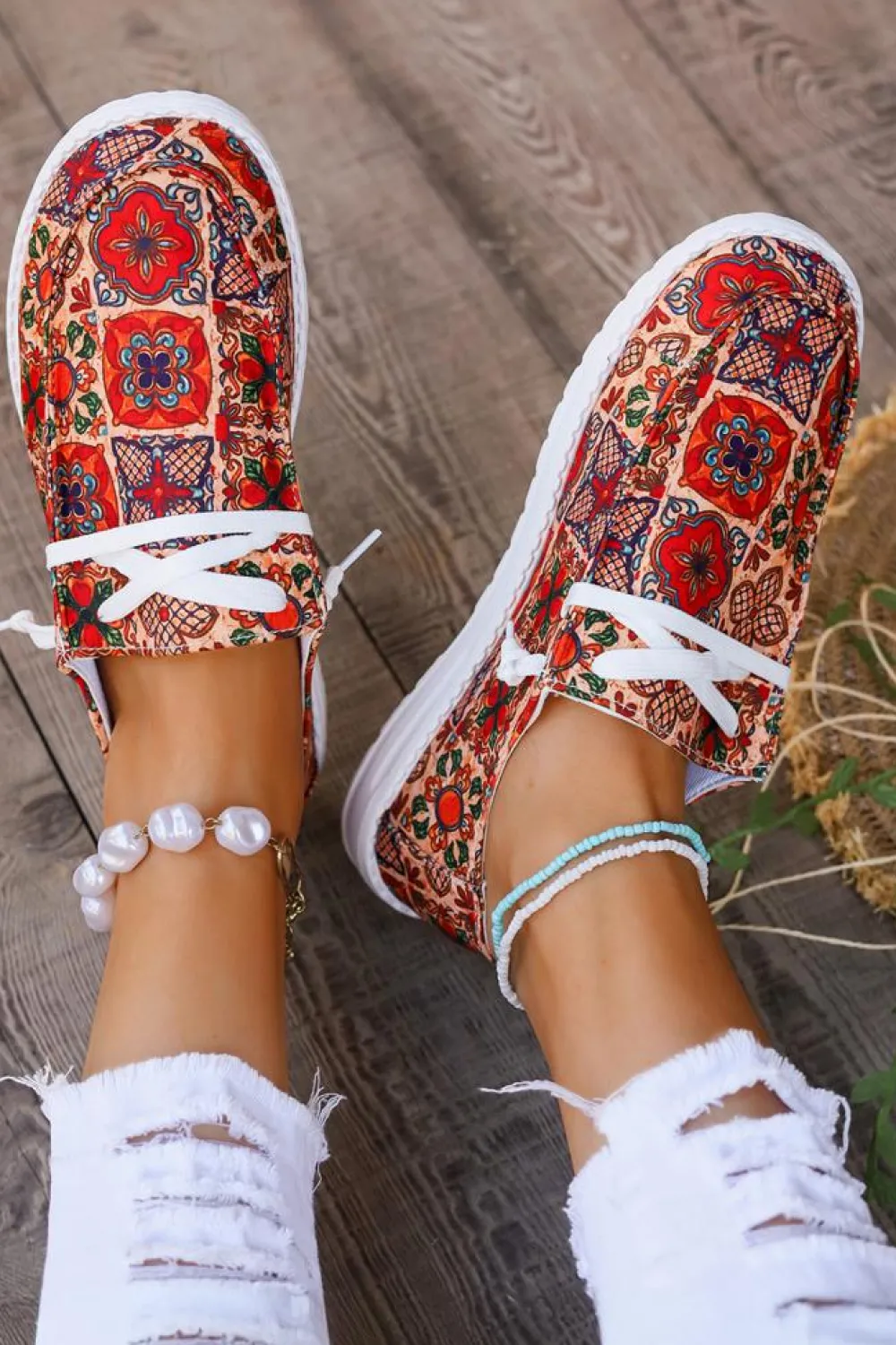 Discount Dear-Lover Western Printed Lacing Flat Slip On Shoes Fiery Red