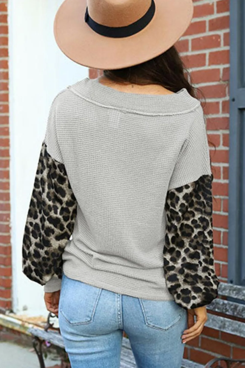 Hot Dear-Lover Wild Leopard Contrast Sleeve Colorblock Waffle Knit Top Fiery Red