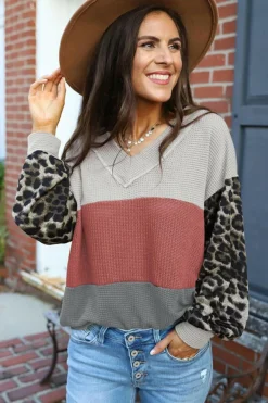 Hot Dear-Lover Wild Leopard Contrast Sleeve Colorblock Waffle Knit Top Fiery Red