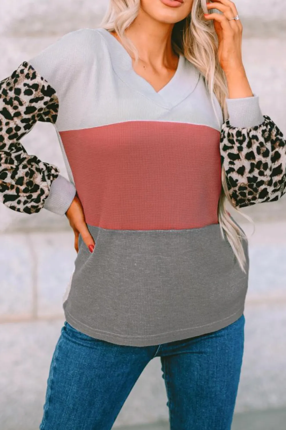 Hot Dear-Lover Wild Leopard Contrast Sleeve Colorblock Waffle Knit Top Fiery Red