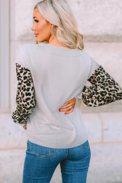 Hot Dear-Lover Wild Leopard Contrast Sleeve Colorblock Waffle Knit Top Fiery Red