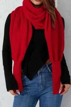 Best Dear-Lover Wrap Up Sleeved Plain Knit Scarf Fiery Red