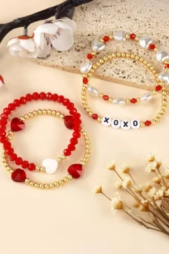 Hot Dear-Lover XOXO Heart Beaded 4pcs Layered Bracelet Fiery Red