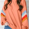 Best Dear-Lover Rainbow Striped Sleeve Crew Neck Loose Sweatshirt Flamingo
