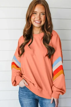 Best Dear-Lover Rainbow Striped Sleeve Crew Neck Loose Sweatshirt Flamingo