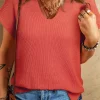 Online Dear-Lover Solid Textured Knitted Notch V Neck Sweater T Shirt Flamingo